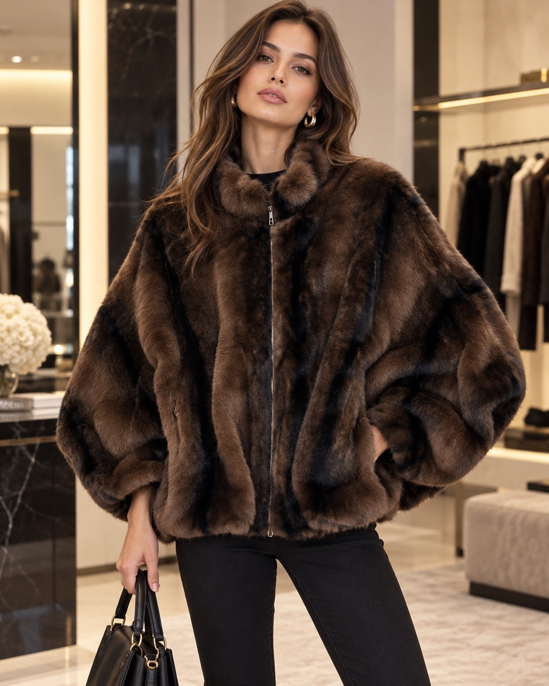 Oversize Οικολογική Γούνα με νυχτερίδα μανίκι