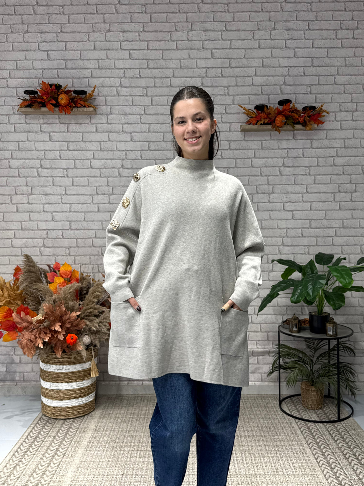 Πλεκτή Oversize Μπλούζα με Χρυσά Κουμπιά