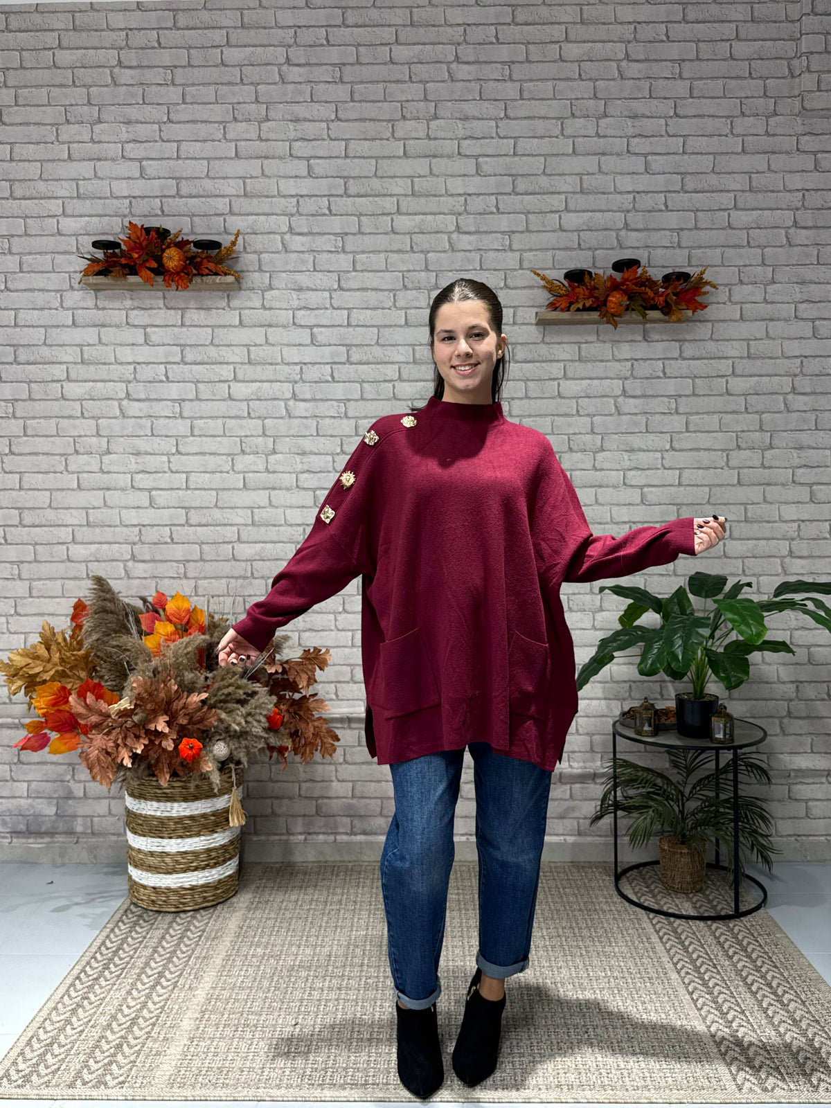 Πλεκτή Oversize Μπλούζα με Χρυσά Κουμπιά