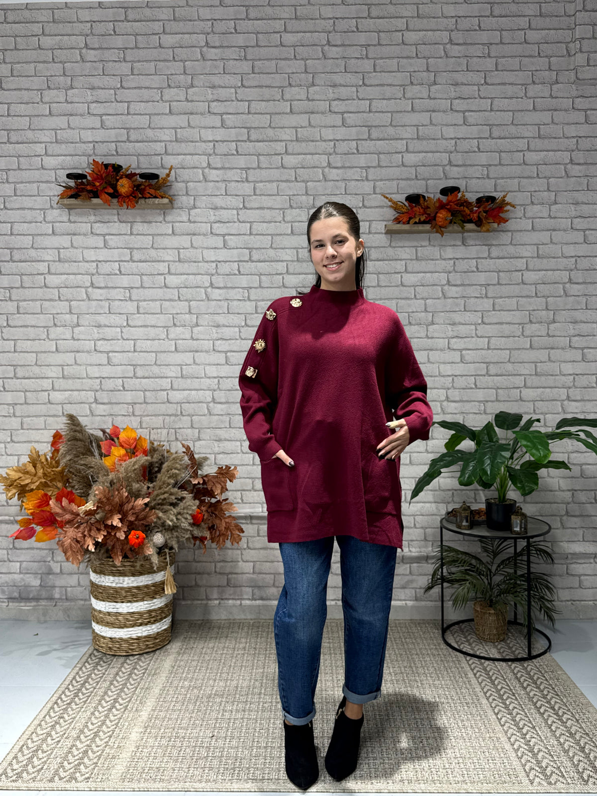 Πλεκτή Oversize Μπλούζα με Χρυσά Κουμπιά