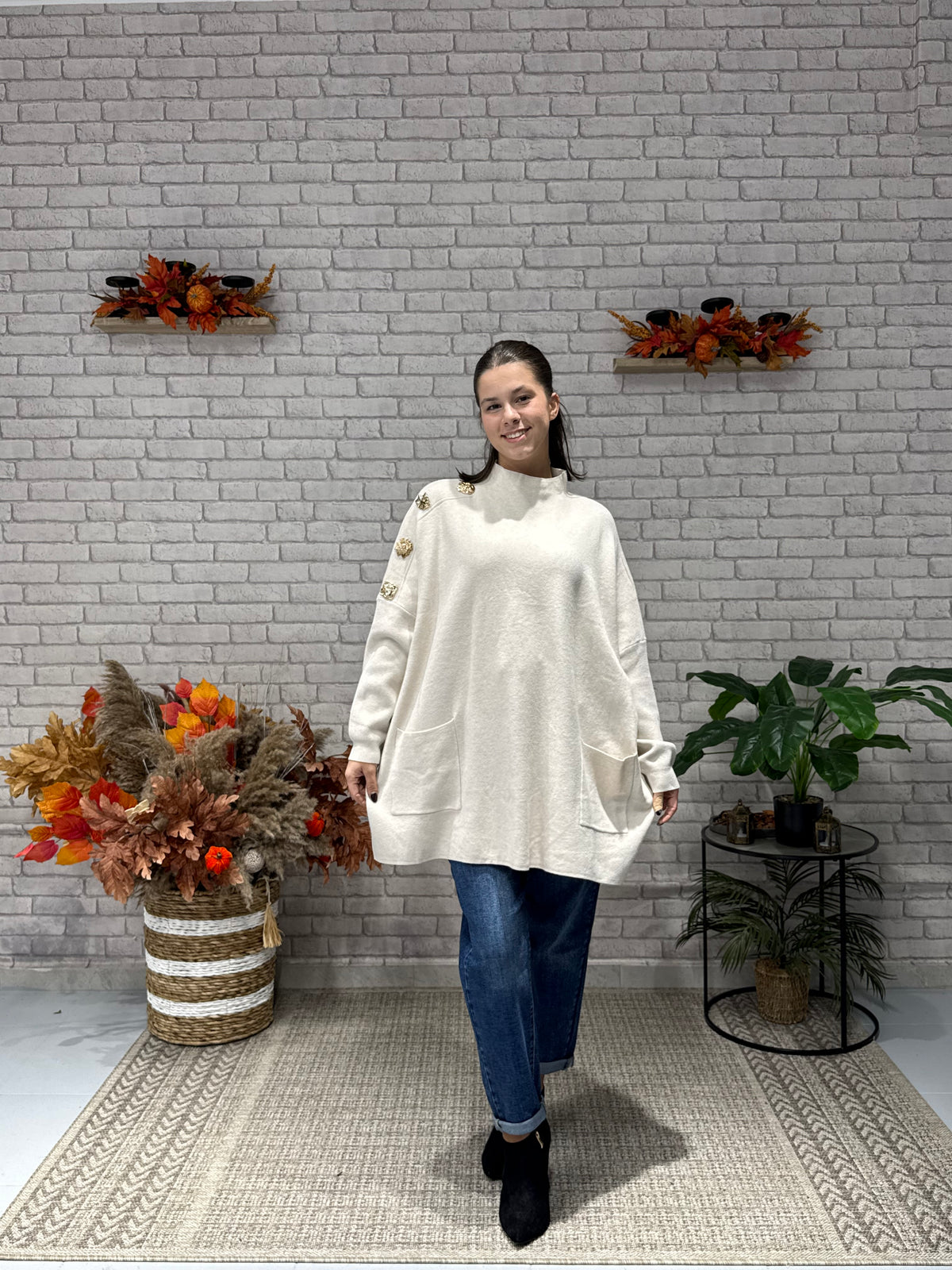Πλεκτή Oversize Μπλούζα με Χρυσά Κουμπιά