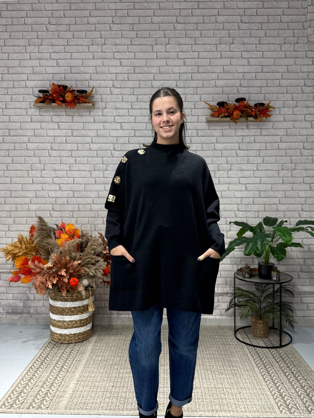 Πλεκτή Oversize Μπλούζα με Χρυσά Κουμπιά