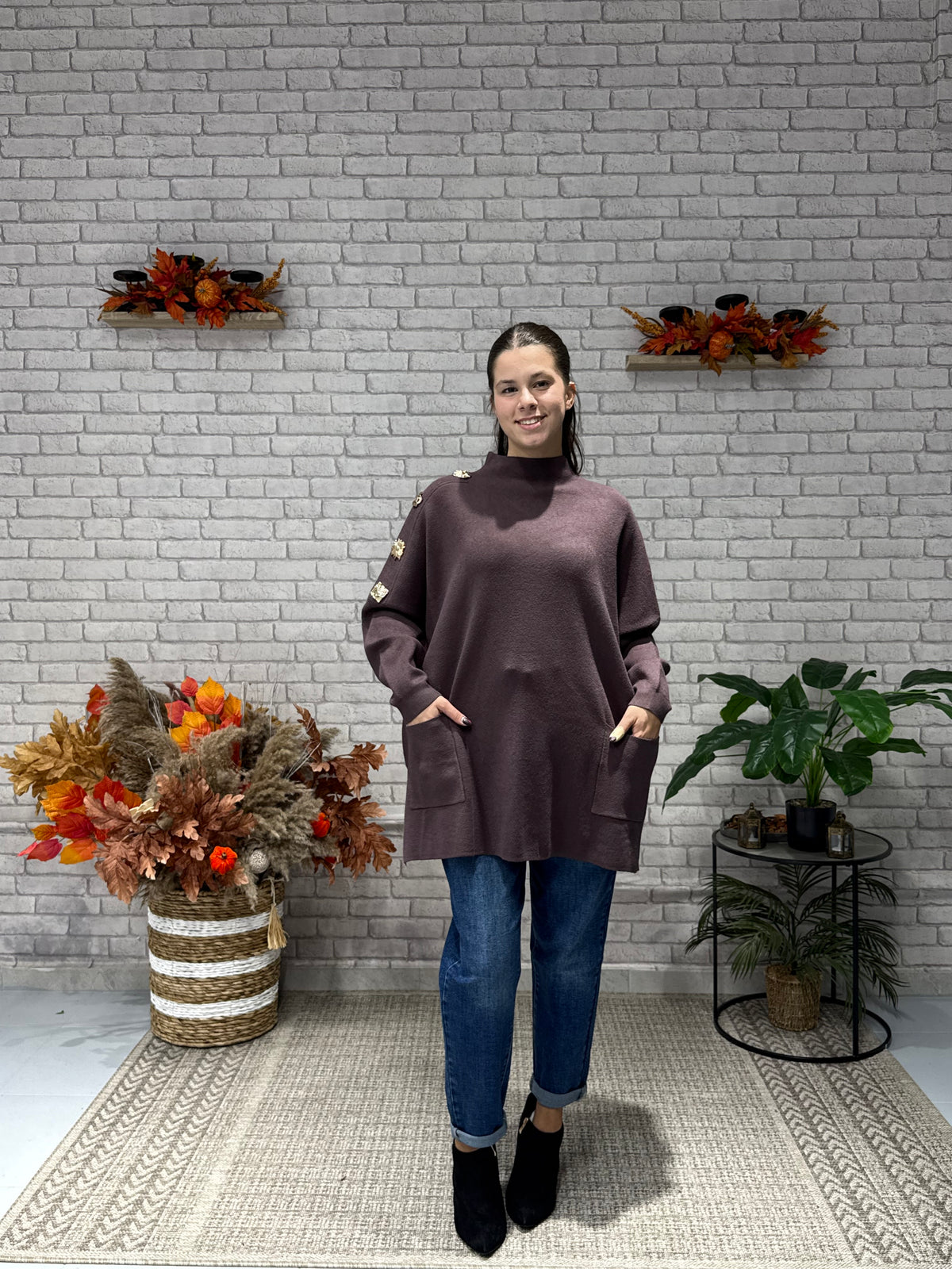 Πλεκτή Oversize Μπλούζα με Χρυσά Κουμπιά